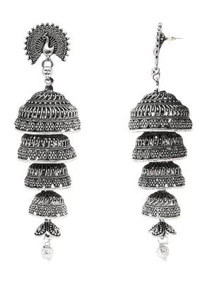 Ethnic silver oxidized indian wedding bollywood multi layered peacock design jhumka earring for women  3