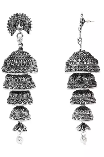 Ethnic silver oxidized indian wedding bollywood multi layered peacock design jhumka earring for women 