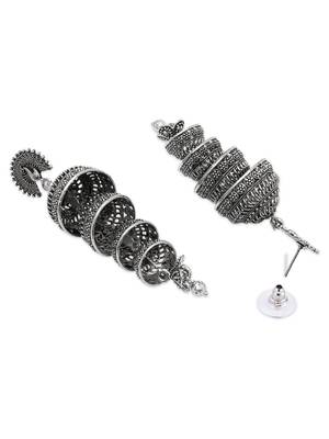 Ethnic silver oxidized indian wedding bollywood multi layered peacock design jhumka earring for women  4