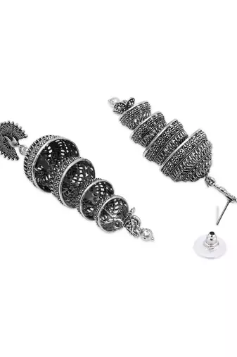 Ethnic silver oxidized indian wedding bollywood multi layered peacock design jhumka earring for women 