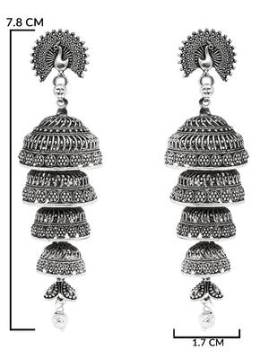 Ethnic silver oxidized indian wedding bollywood multi layered peacock design jhumka earring for women  5