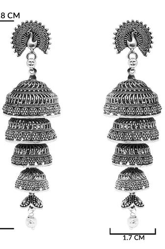Ethnic silver oxidized indian wedding bollywood multi layered peacock design jhumka earring for women 