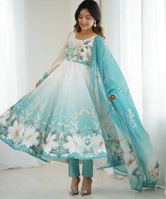 Sky Blue floral printed Anarkali Set 1