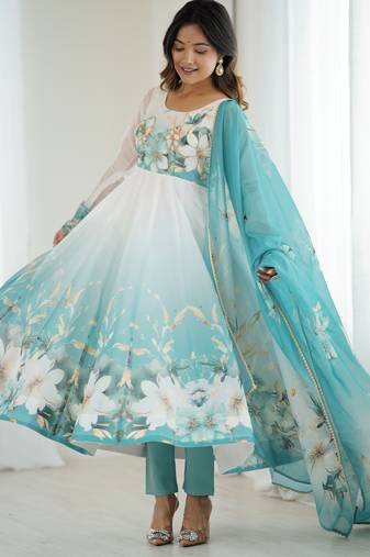 Sky Blue floral printed Anarkali Set
