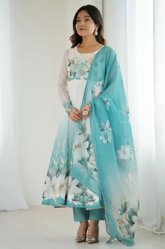 Sky Blue floral printed Anarkali Set
