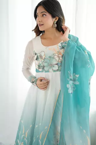 Sky Blue floral printed Anarkali Set