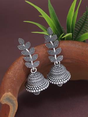 Silver oxidized indian wedding bollywood leaf design jhumka earring for women  1