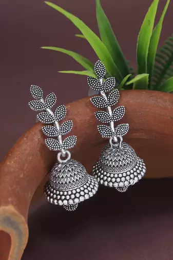 Silver oxidized indian wedding bollywood leaf design jhumka earring for women 