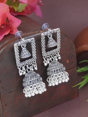 Ethnic silver oxidized indian wedding bollywood style dangle jhumka earrings for women  1