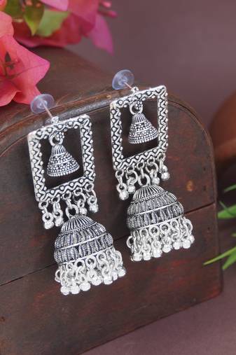 Ethnic silver oxidized indian wedding bollywood style dangle jhumka earrings for women (e3289ox)