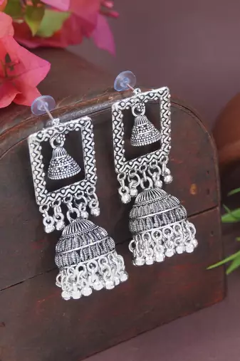 Ethnic silver oxidized indian wedding bollywood style dangle jhumka earrings for women 