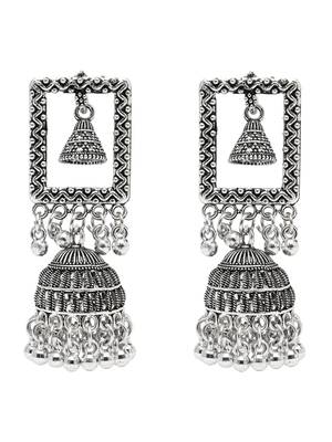 Ethnic silver oxidized indian wedding bollywood style dangle jhumka earrings for women  2