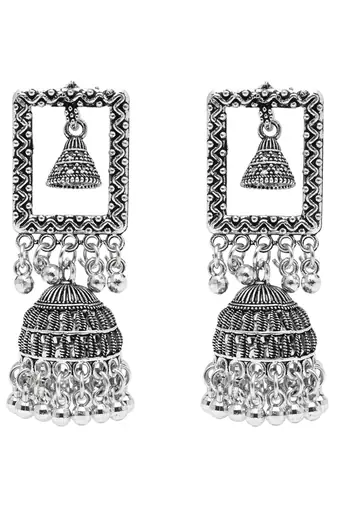 Ethnic silver oxidized indian wedding bollywood style dangle jhumka earrings for women 
