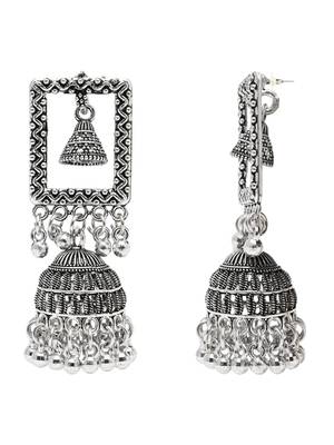 Ethnic silver oxidized indian wedding bollywood style dangle jhumka earrings for women  3