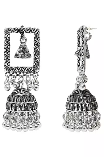 Ethnic silver oxidized indian wedding bollywood style dangle jhumka earrings for women 