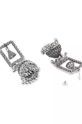 Ethnic silver oxidized indian wedding bollywood style dangle jhumka earrings for women 