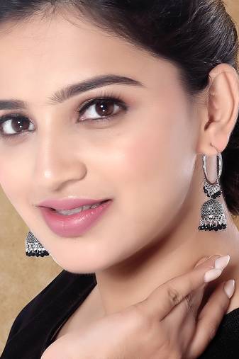 Ethnic silver oxidized indian wedding bollywood style jhumka earrings for women (e3290oxb)