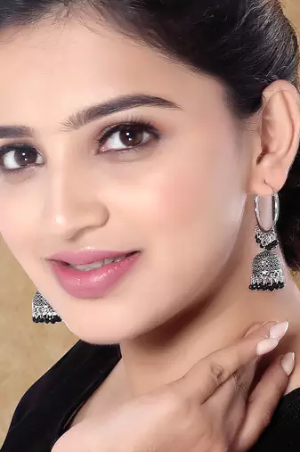 Ethnic silver oxidized indian wedding bollywood style jhumka earrings for women 