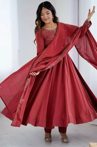 Maroon pure roman shimmar chanderi silk with beads work anarkali suit