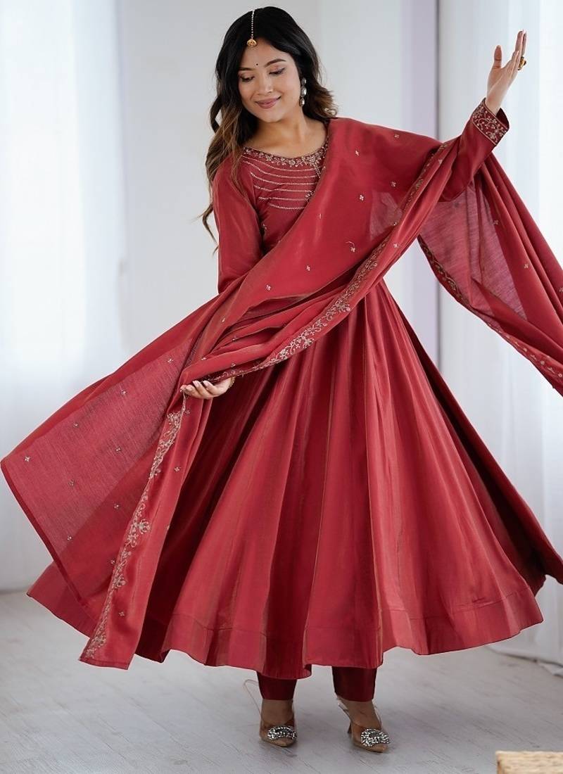 Maroon pure roman shimmar chanderi silk with beads work anarkali suit