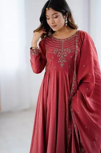 Maroon roman shimmar chanderi silk with beads work anarkali suit