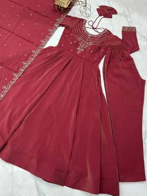 Maroon roman shimmar chanderi silk with beads work anarkali suit 5