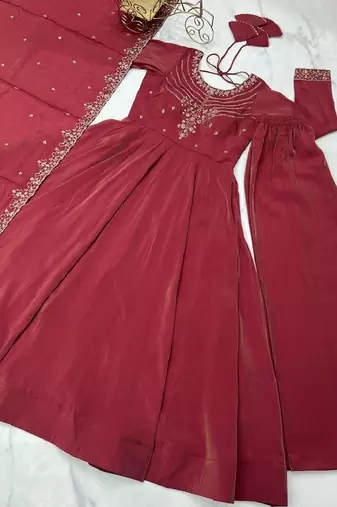 Maroon roman shimmar chanderi silk with beads work anarkali suit