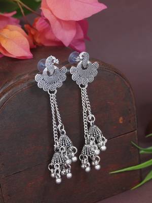 Ethnic silver oxidized indian wedding bollywood peacock design ghungroo earrings for women  1