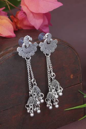 Ethnic silver oxidized indian wedding bollywood peacock design ghungroo earrings for women (e3293ox)