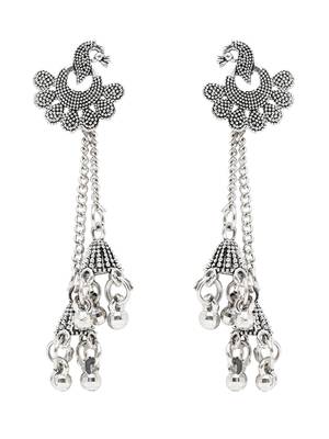 Ethnic silver oxidized indian wedding bollywood peacock design ghungroo earrings for women  2