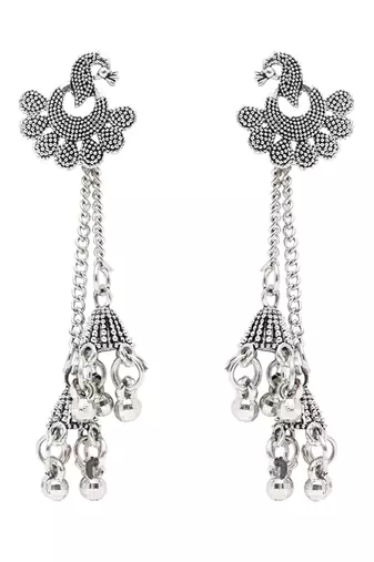 Ethnic silver oxidized indian wedding bollywood peacock design ghungroo earrings for women 