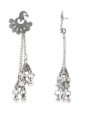 Ethnic silver oxidized indian wedding bollywood peacock design ghungroo earrings for women  3