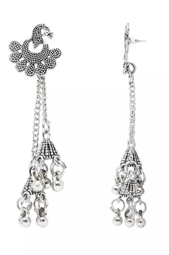 Ethnic silver oxidized indian wedding bollywood peacock design ghungroo earrings for women 