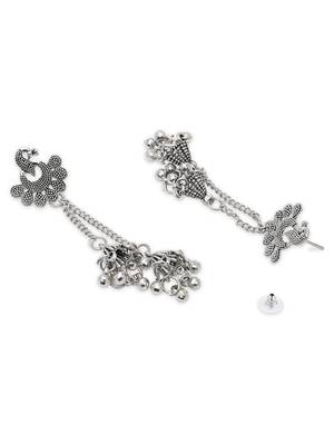 Ethnic silver oxidized indian wedding bollywood peacock design ghungroo earrings for women  4