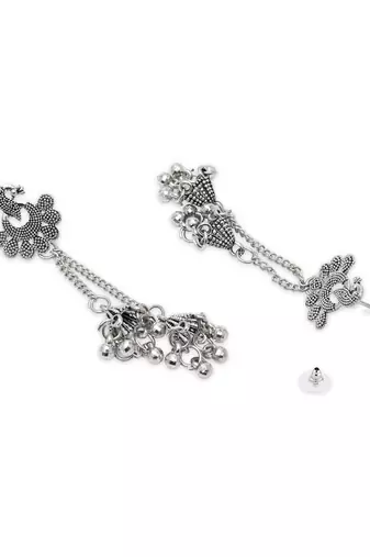 Ethnic silver oxidized indian wedding bollywood peacock design ghungroo earrings for women 