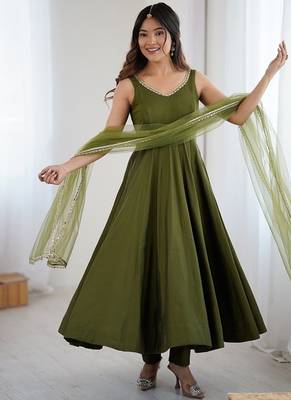 Mehendi romansilk chanderi plain fully flair anarkali suit 1