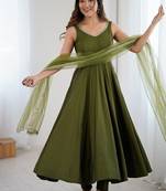 Mehendi pure romansilk chanderi plain fully flair anarkali suit