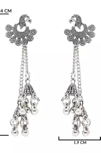 Ethnic silver oxidized indian wedding bollywood peacock design ghungroo earrings for women 