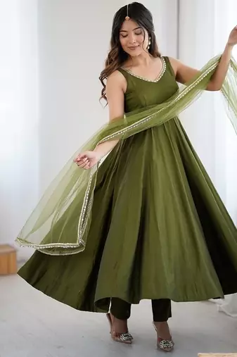 Mehendi romansilk chanderi plain fully flair anarkali suit