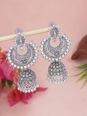 Ethnic silver oxidized indian wedding bollywood boho jhumka earrings for women  1