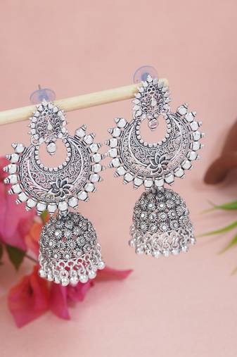 Ethnic silver oxidized indian wedding bollywood boho jhumka earrings for women (e3294ox)