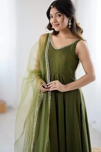 Mehendi romansilk chanderi plain fully flair anarkali suit