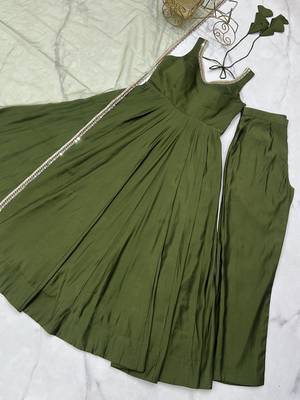 Mehendi romansilk chanderi plain fully flair anarkali suit 5