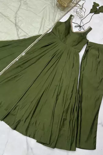 Mehendi romansilk chanderi plain fully flair anarkali suit
