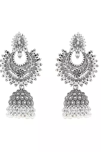 Ethnic silver oxidized indian wedding bollywood boho jhumka earrings for women 