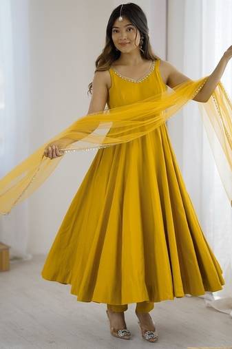 Yellow pure romansilk chanderi plain fully flair anarkali suit