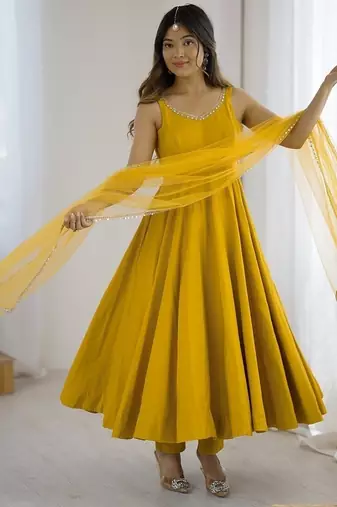 Yellow pure romansilk chanderi plain fully flair anarkali suit