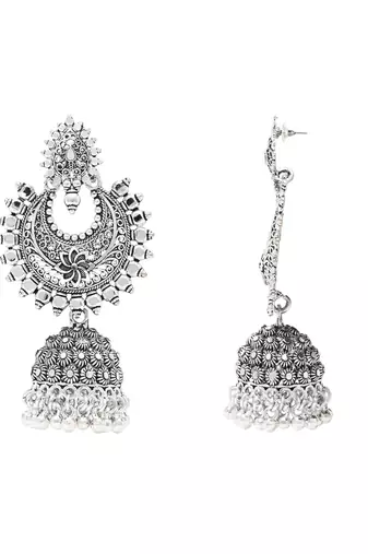 Ethnic silver oxidized indian wedding bollywood boho jhumka earrings for women 