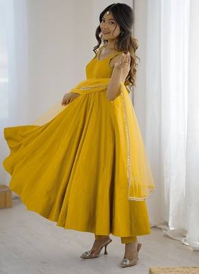 Yellow romansilk chanderi plain fully flair anarkali suit 3