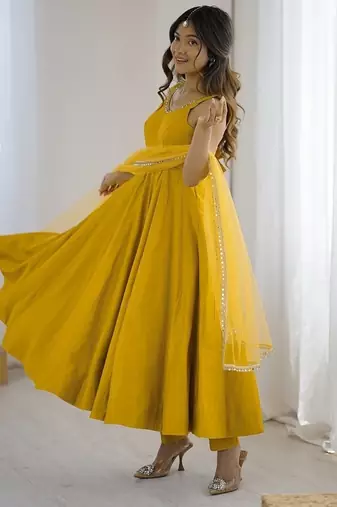 Yellow romansilk chanderi plain fully flair anarkali suit